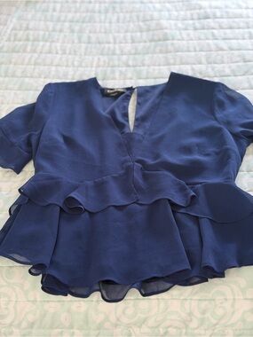 bebe Navy Peplum Ruffle Short-Sleeve Blouse